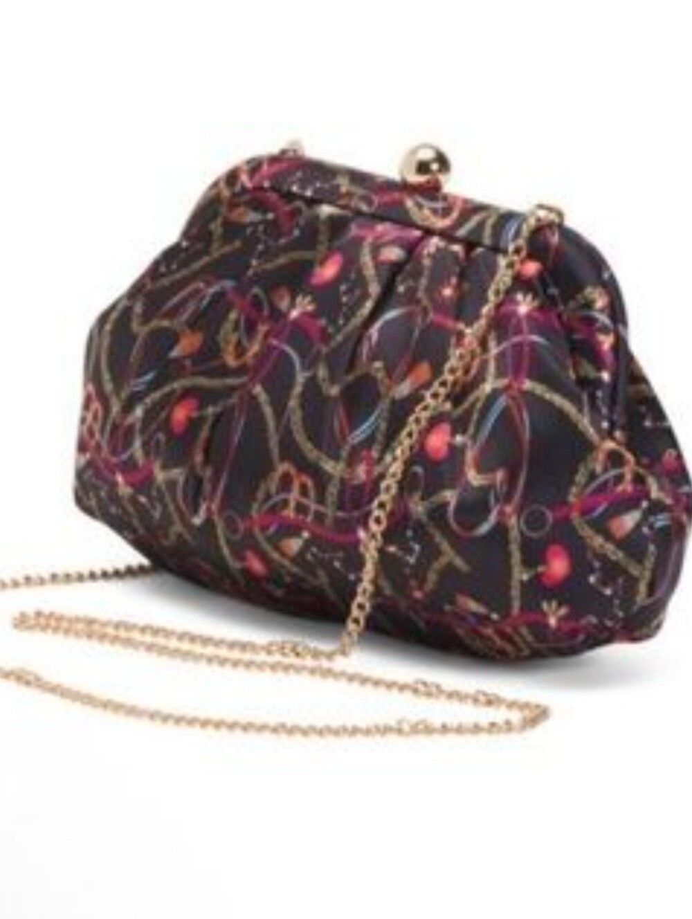 NWT Alessia Bianchi Clutch Purse Gold Chain Black Novelty Equestrian Print Satin